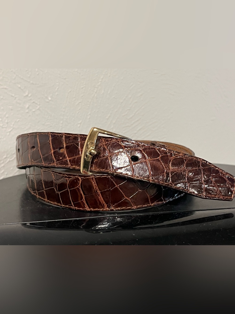 Croc-Embossed Brown Leather Belt with Gold Buckle